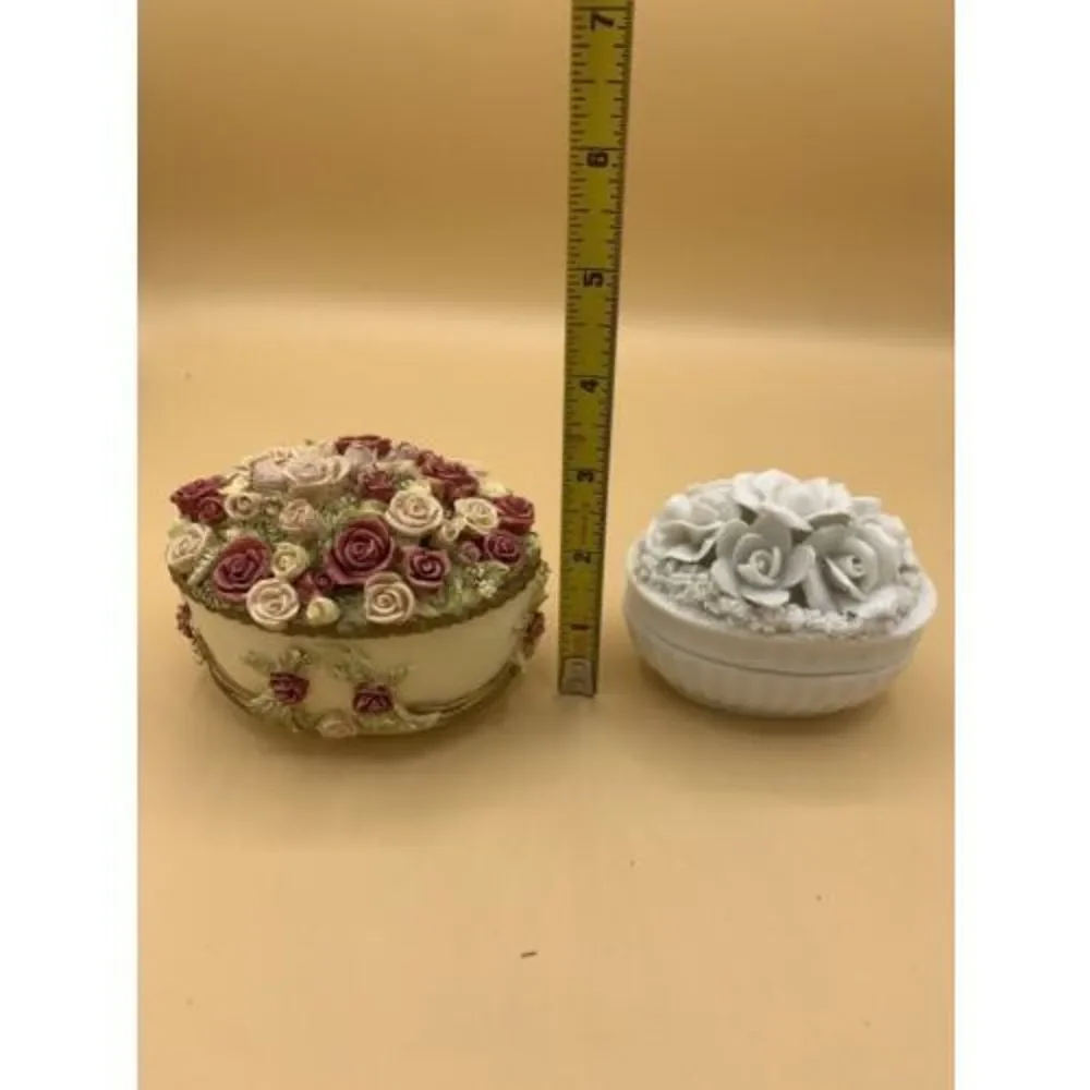 Vintage DEZINE Hand painted Applied Roses and Japan Flowers Trinket Box